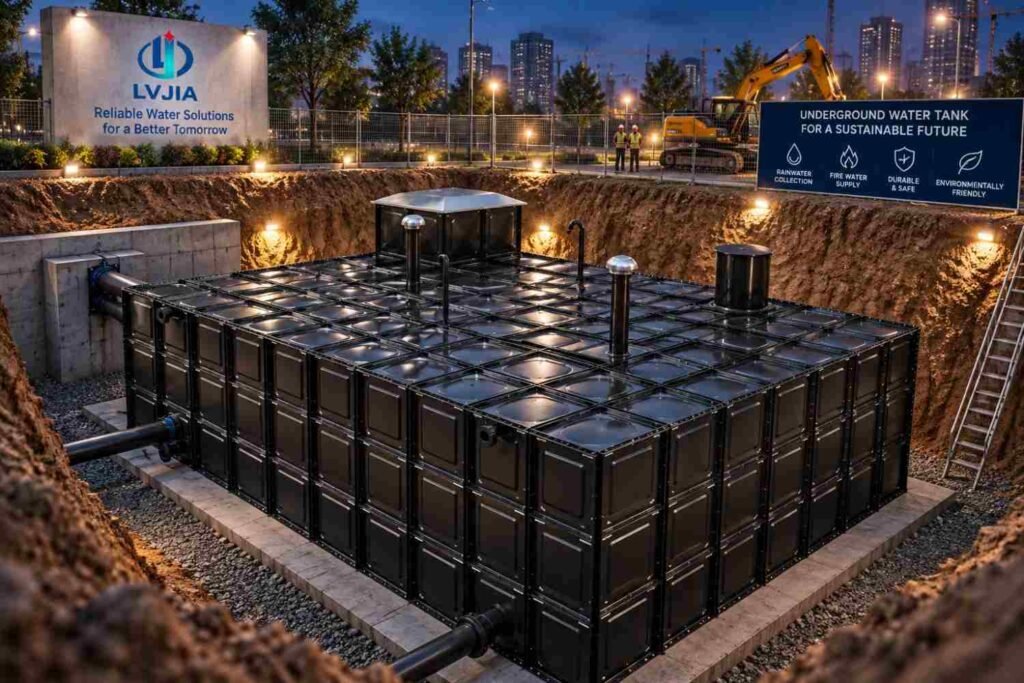BDF Underground Fire and Rainwater Tank — two compartment bdf tank — installed on site before backfill