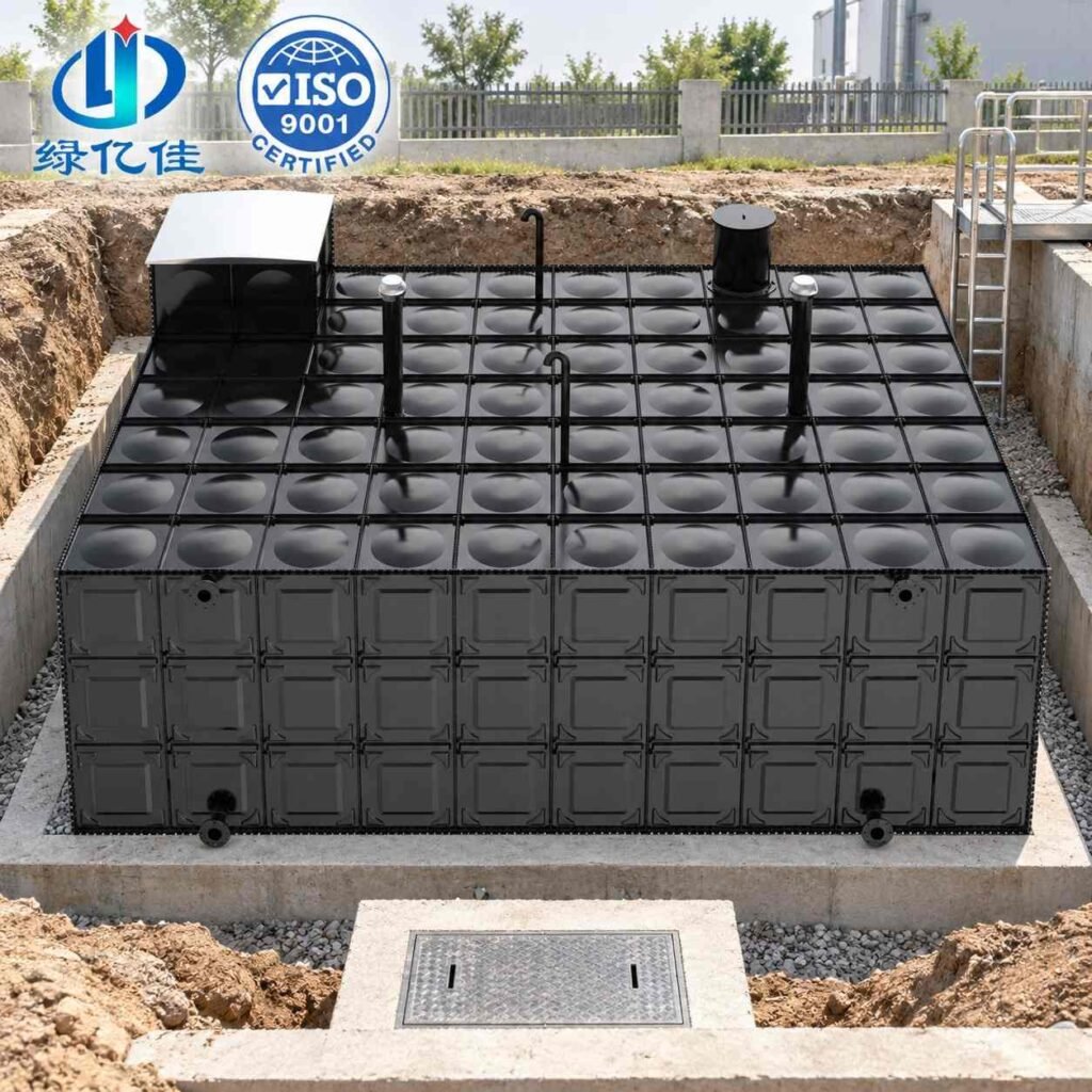 BDF composite water tank panel showing the pressed four-corner reinforcement