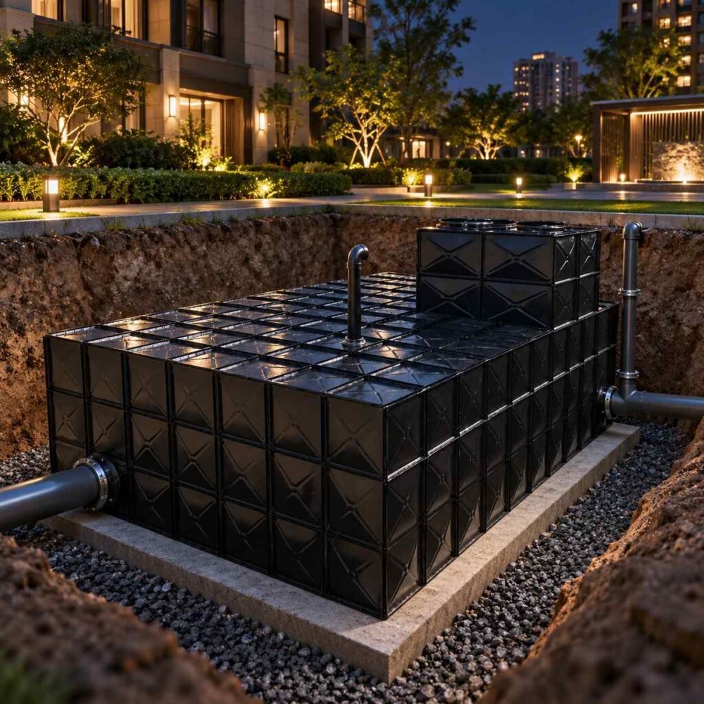 BDF landscape water tank panels being bolted together in a tight courtyard excavation