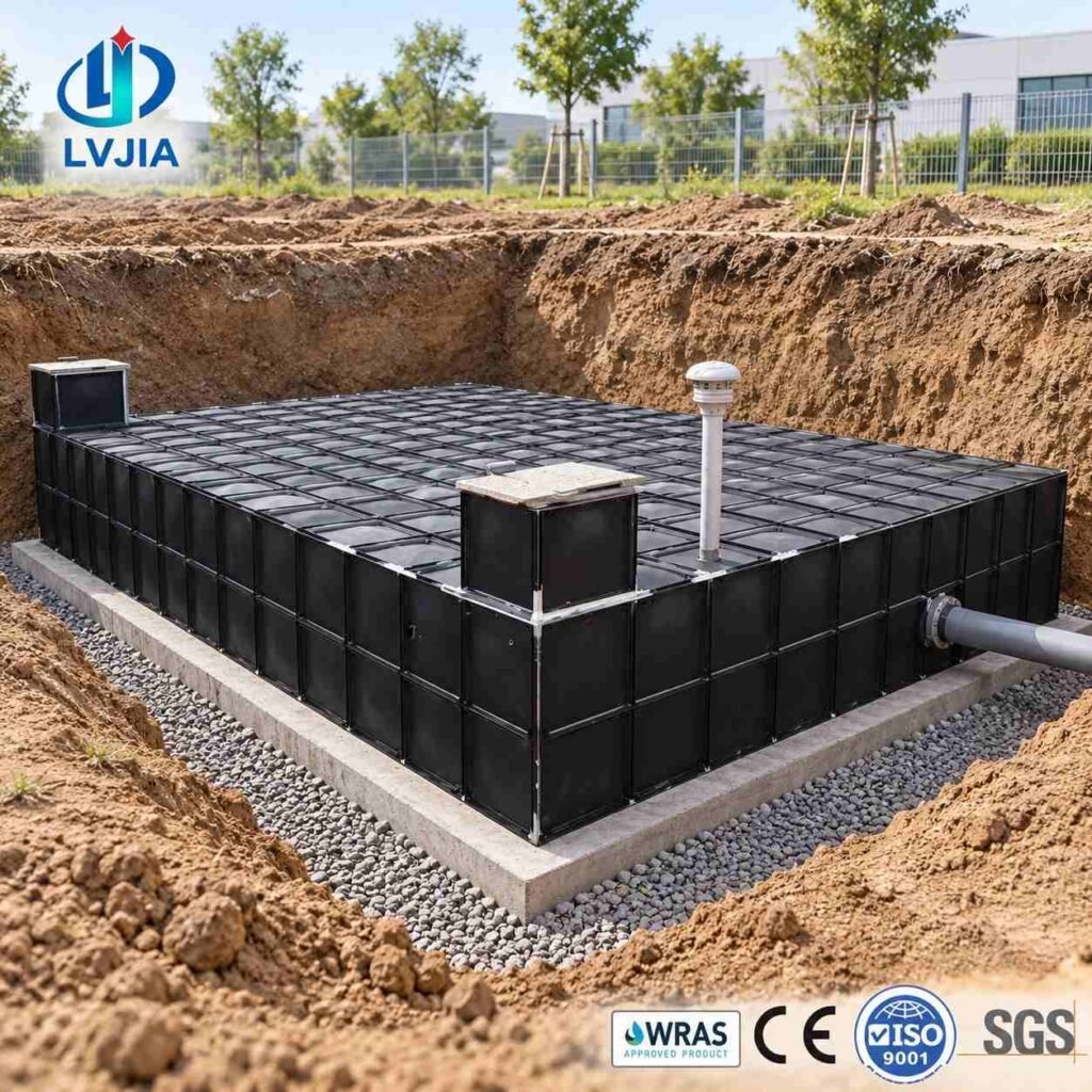 BDF rainwater storage tank buried beside a factory building before backfill