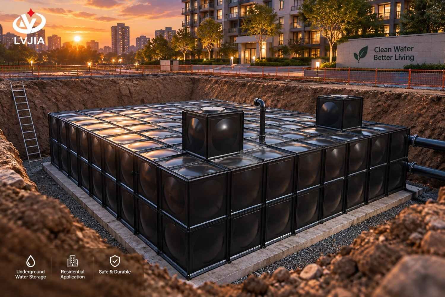 Buried BDF rainwater tank in an open excavation at golden hour