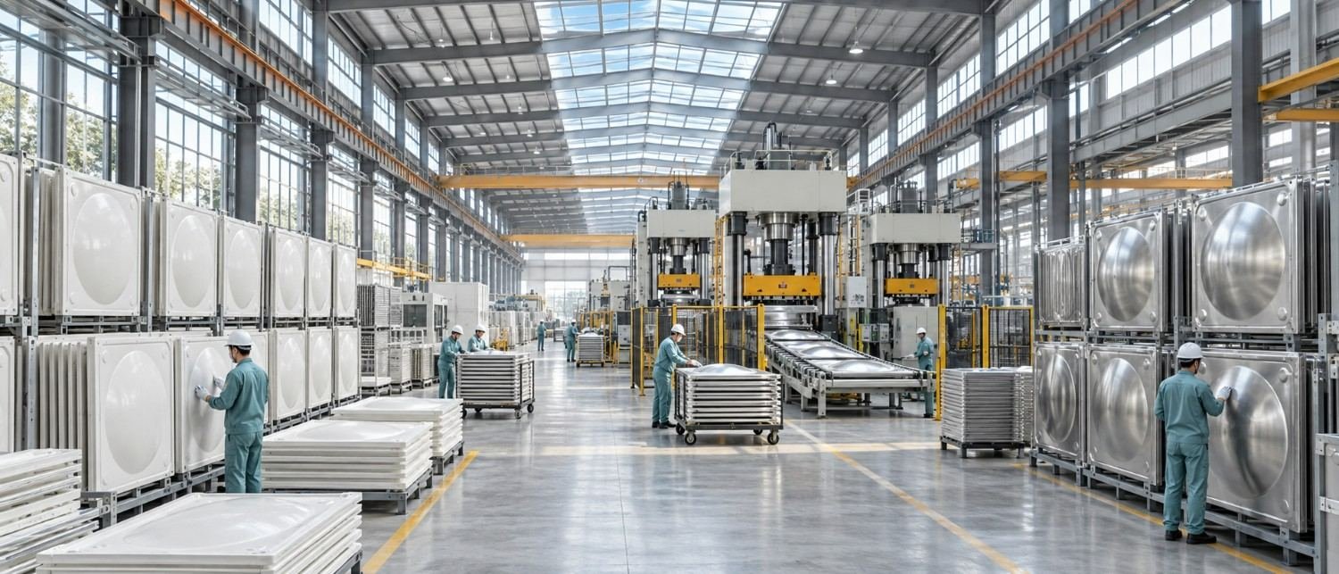 Water tank production workshop at the LVJIA factory in Wucheng County, Dezhou
