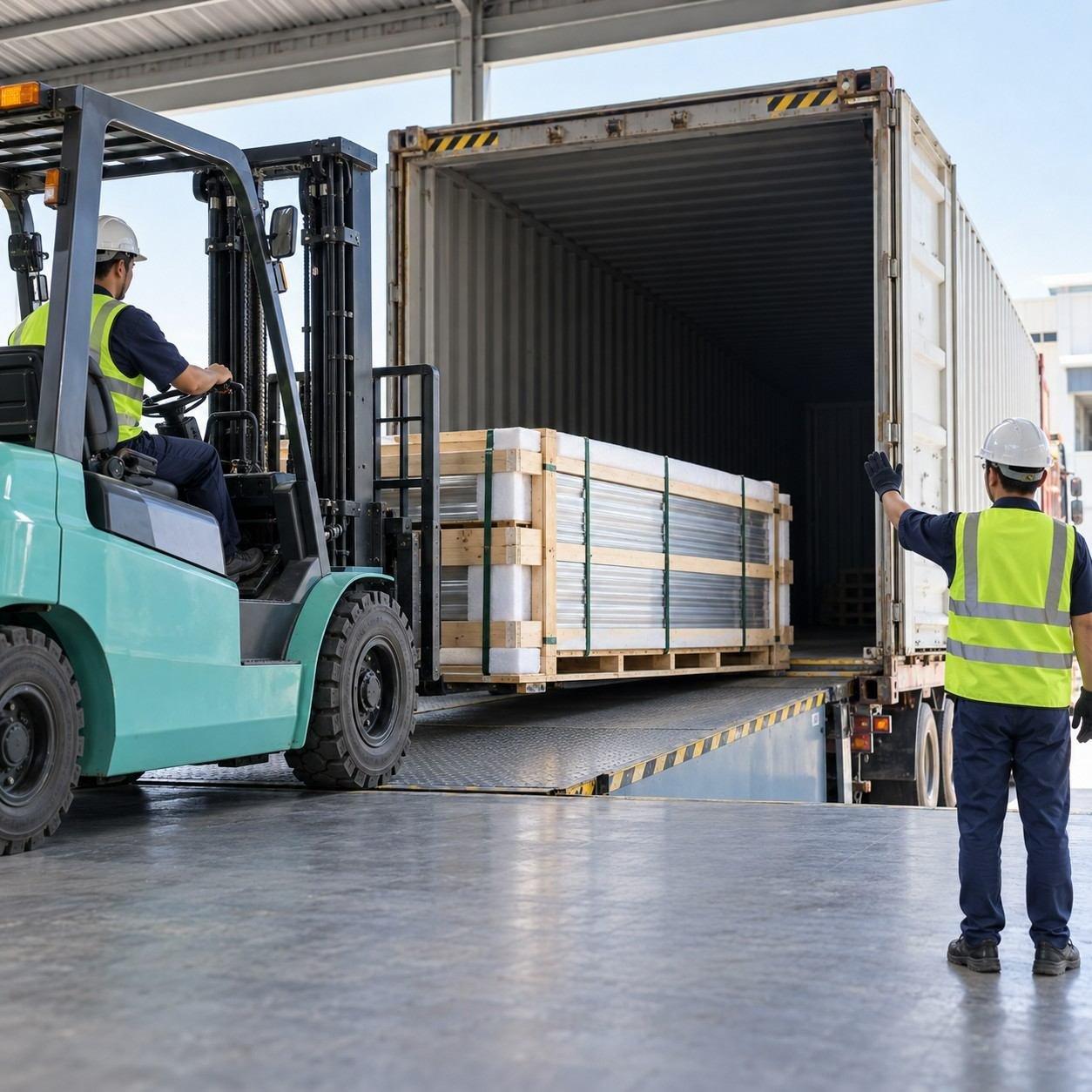 Forklift loading crated water tank panels into a container at the dock ramp