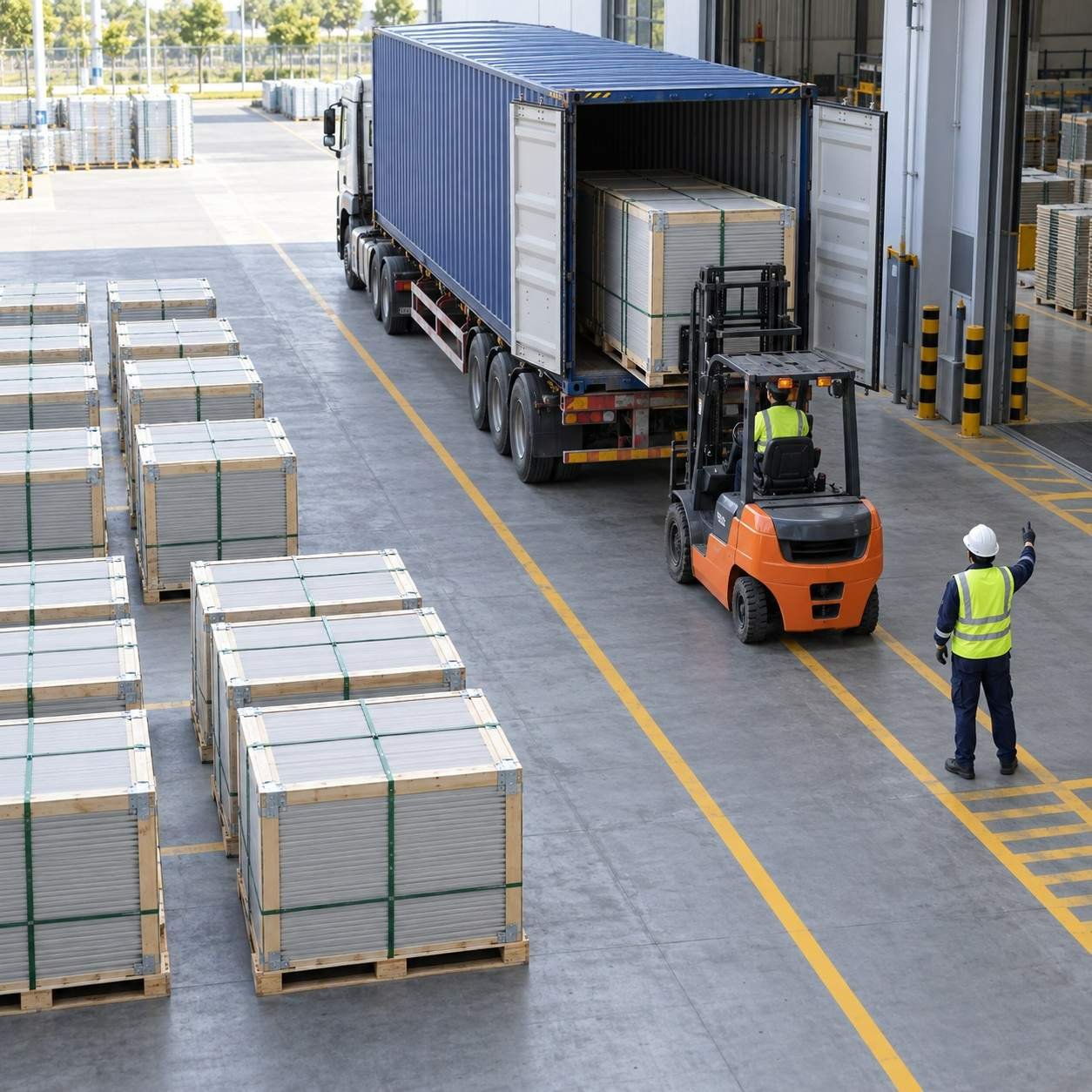Packed water tank panels staged in the loading yard beside a truck