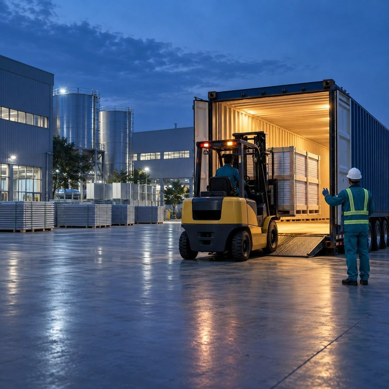 Forklift loading packed LVJIA water tank panels into a container
