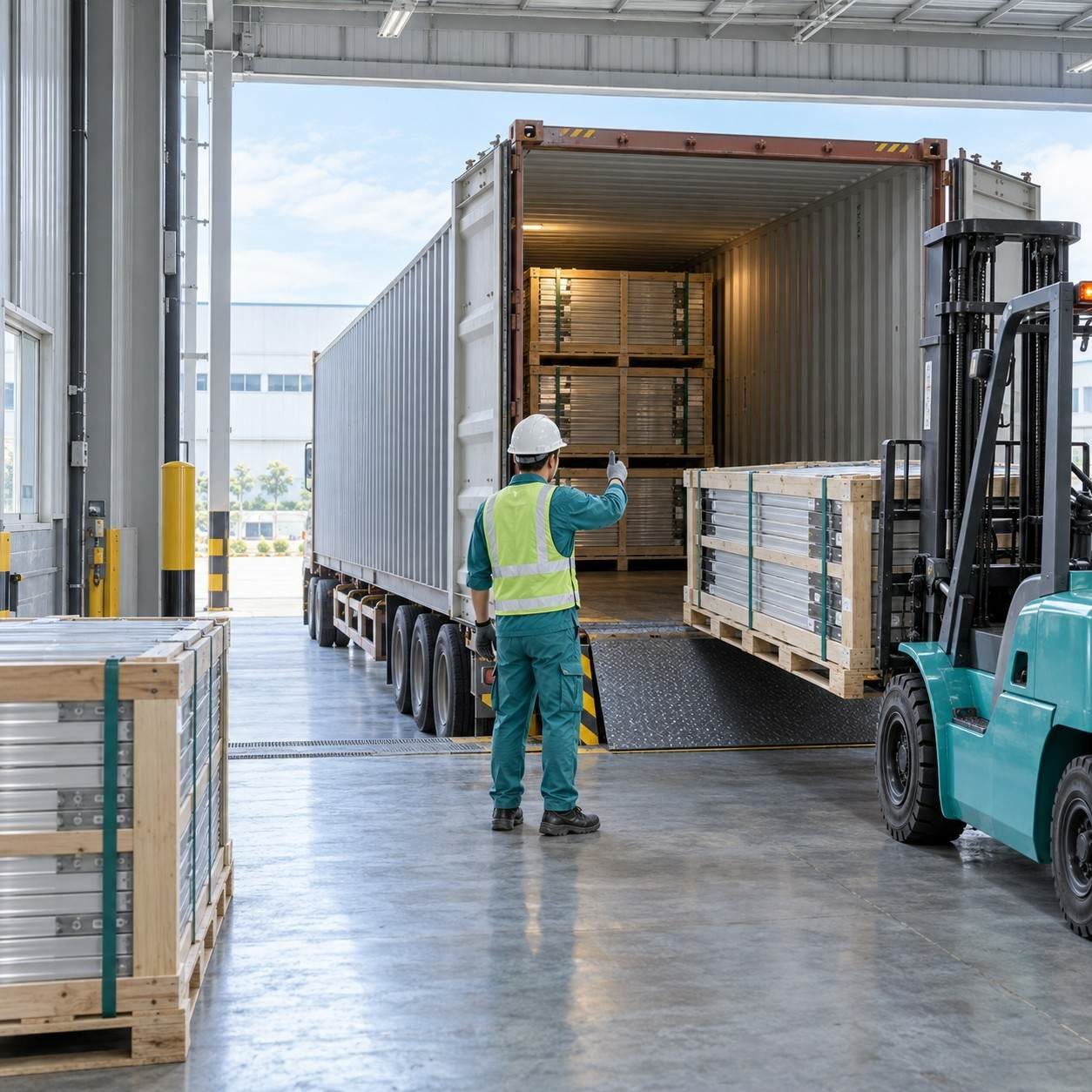 Crated water tank panels being loaded into a shipping container for export through Tianjin Port