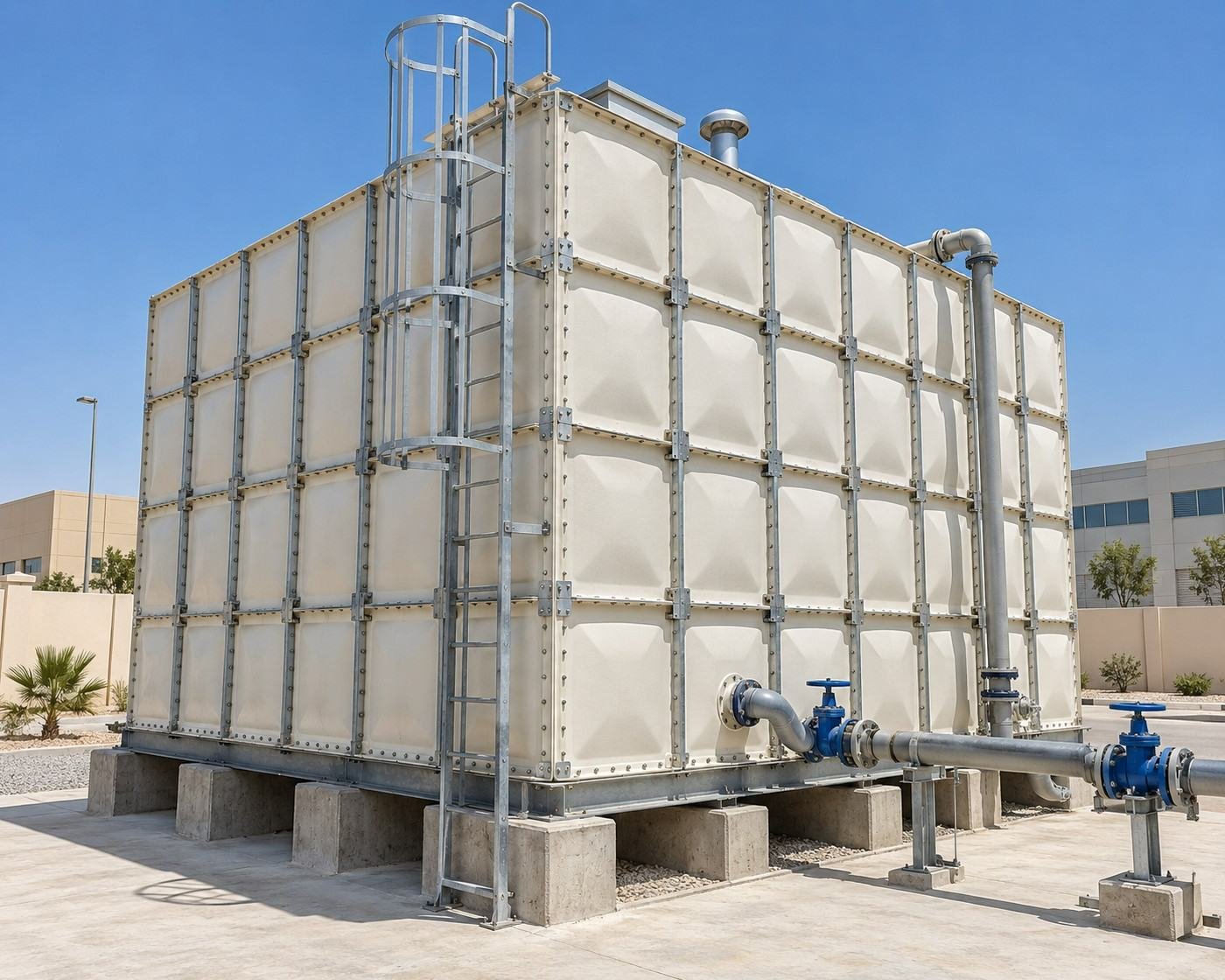 GRP SMC sectional water tank with external ladder and pipework installed on a project site