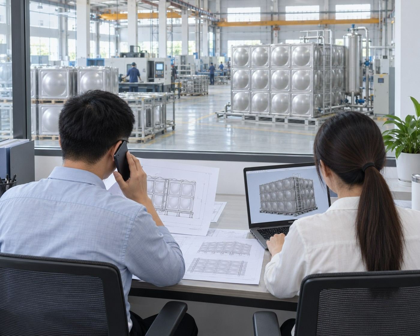LVJIA engineers answering water tank questions in the factory office