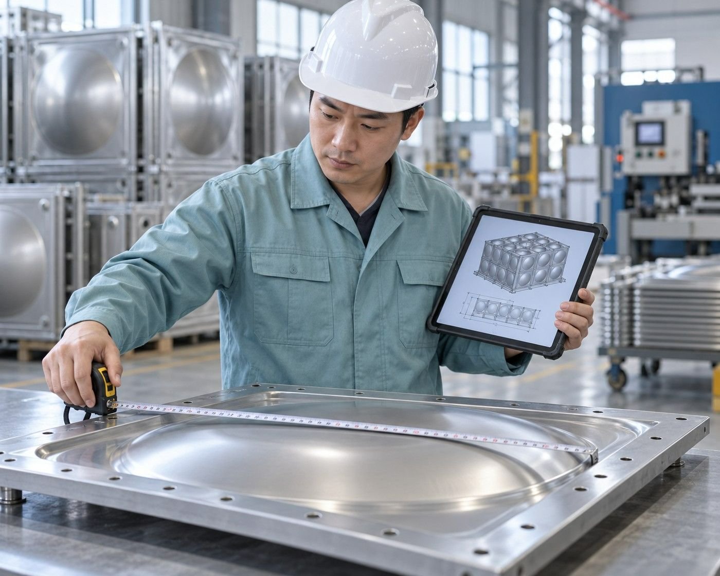 LVJIA engineer checking a stainless steel water tank panel against a CAD drawing