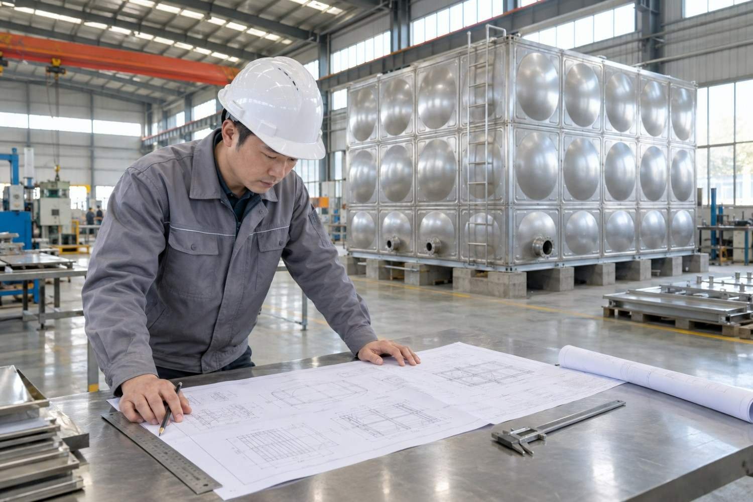 LVJIA engineer checking a custom water tank drawing on the factory floor