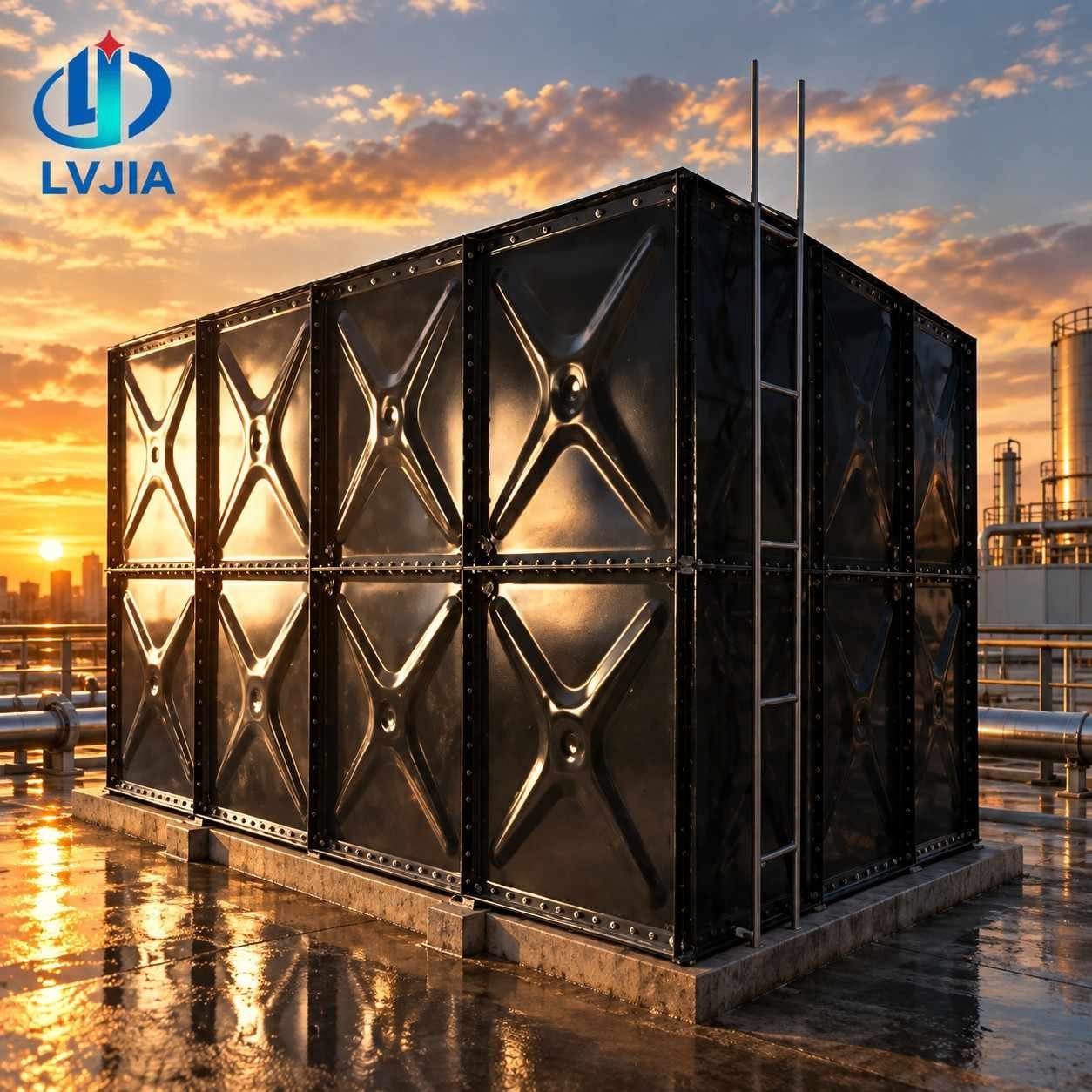 Black enameled steel water tank at an industrial site at sunset