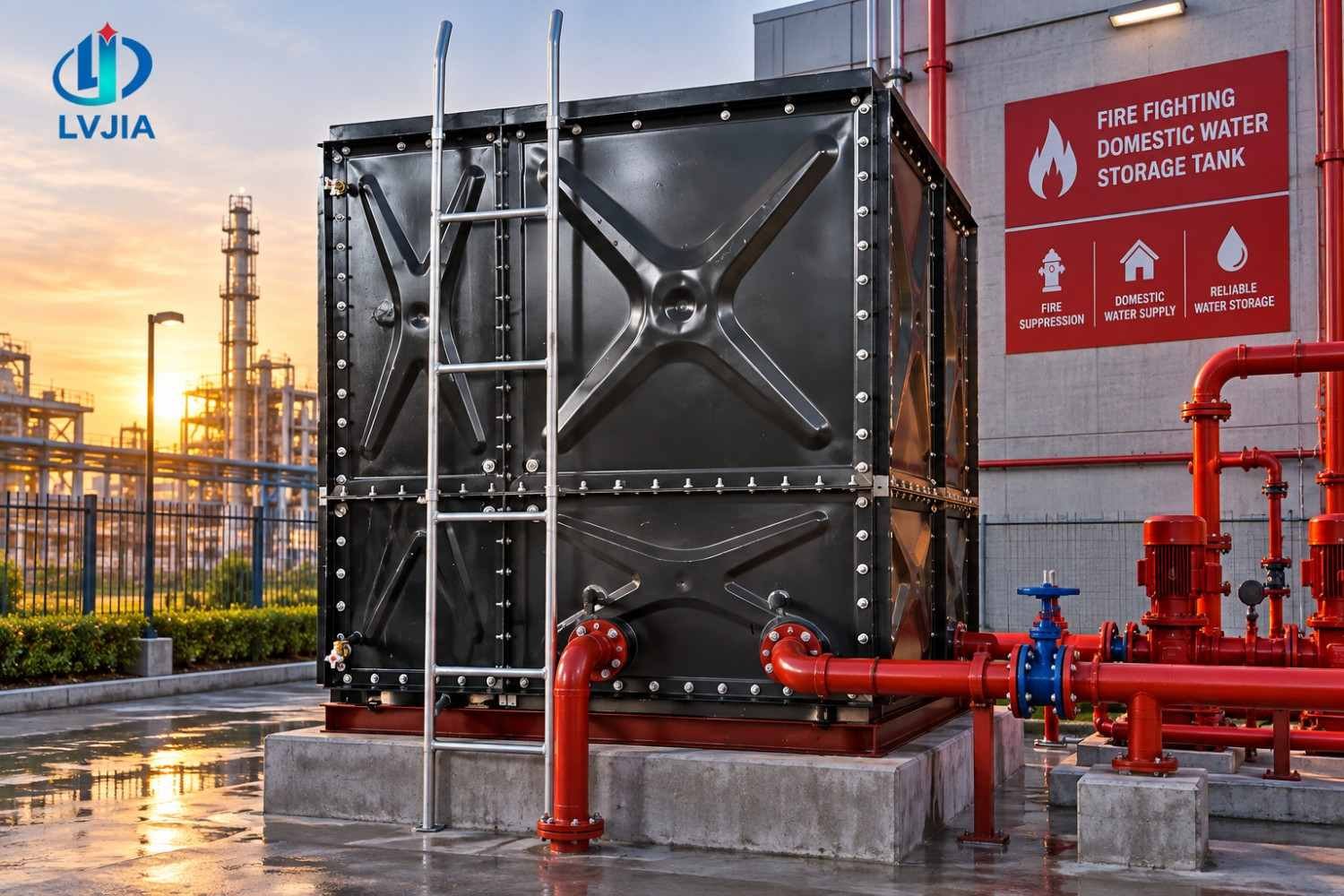 Enamel fire water tank with red pump pipework at an industrial site