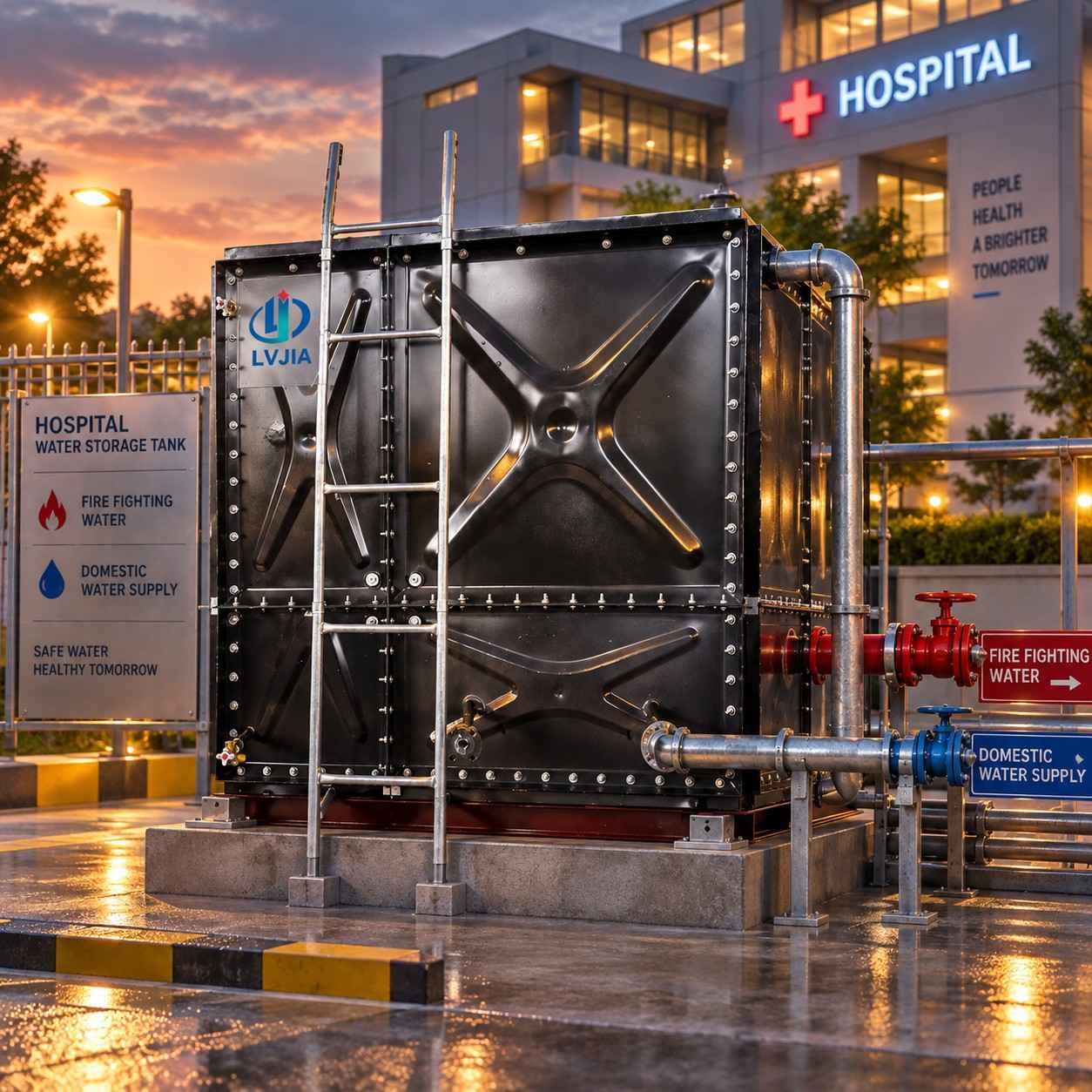 Enamel fire and domestic water tank at a hospital