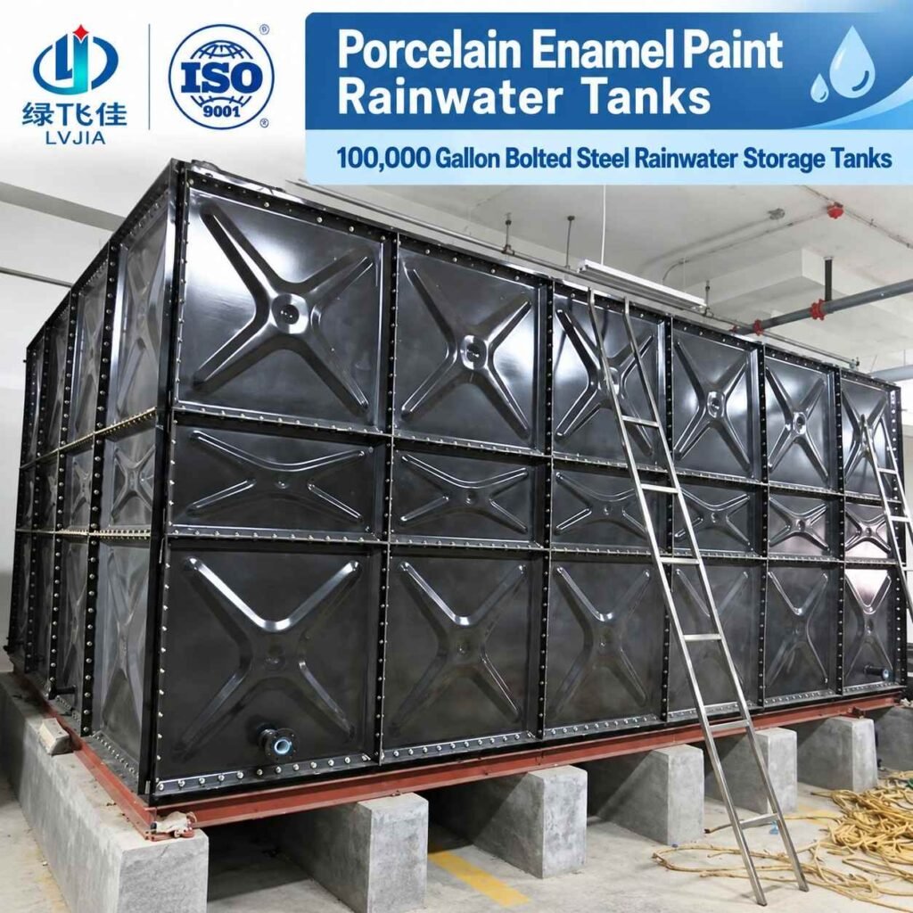 Enamel rainwater tank holding 100,000 gallons of harvested water