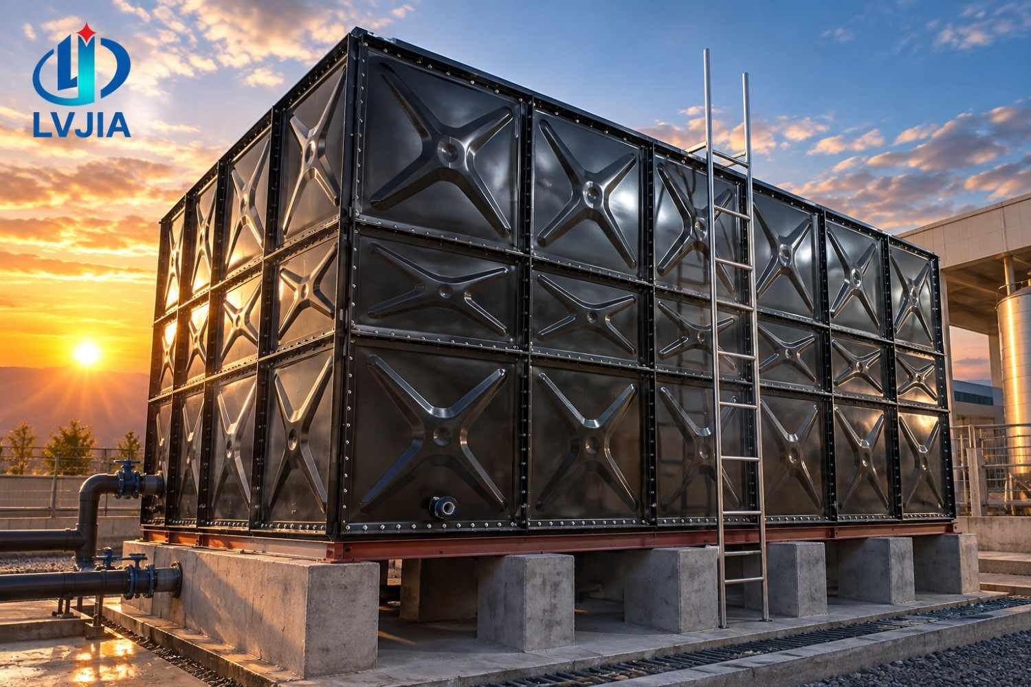 Glass-fused-to-steel rainwater tank with the low sun behind it