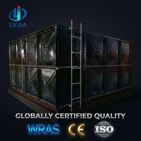 Enamel Sectional Water Tank, 10,000 Gallon — enamel sectional water tank — sectional panels being assembled on site