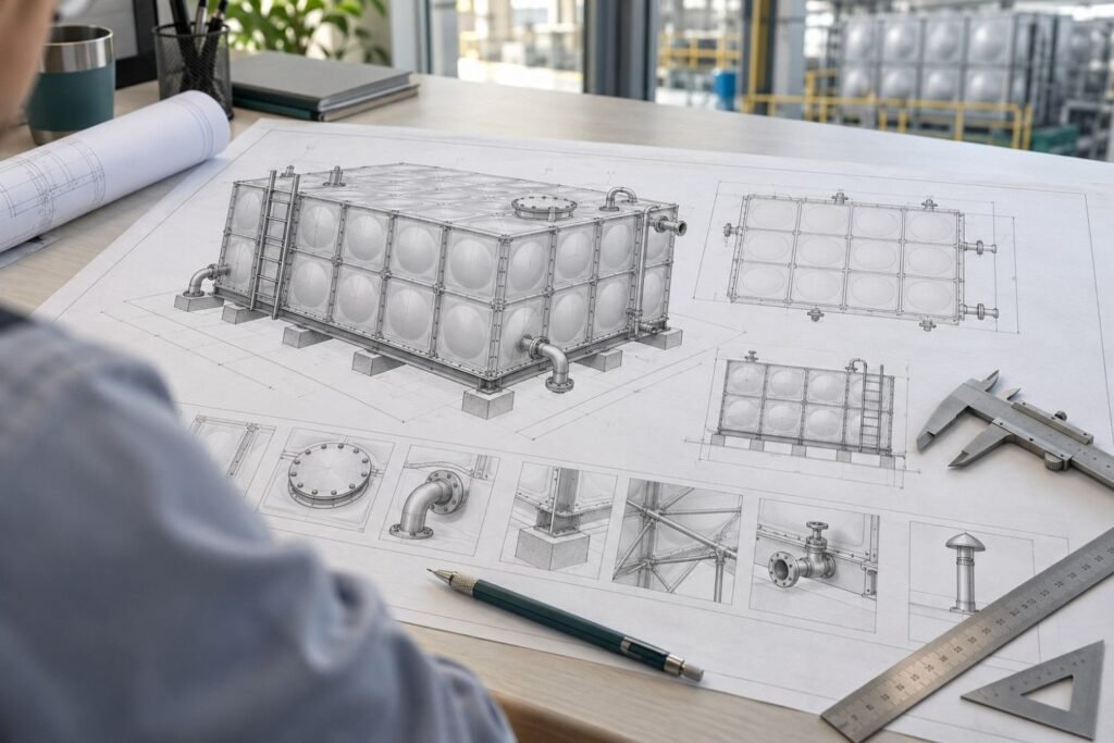 Engineering layout drawing of a sectional water tank with panel grid and connections, prepared for a quotation