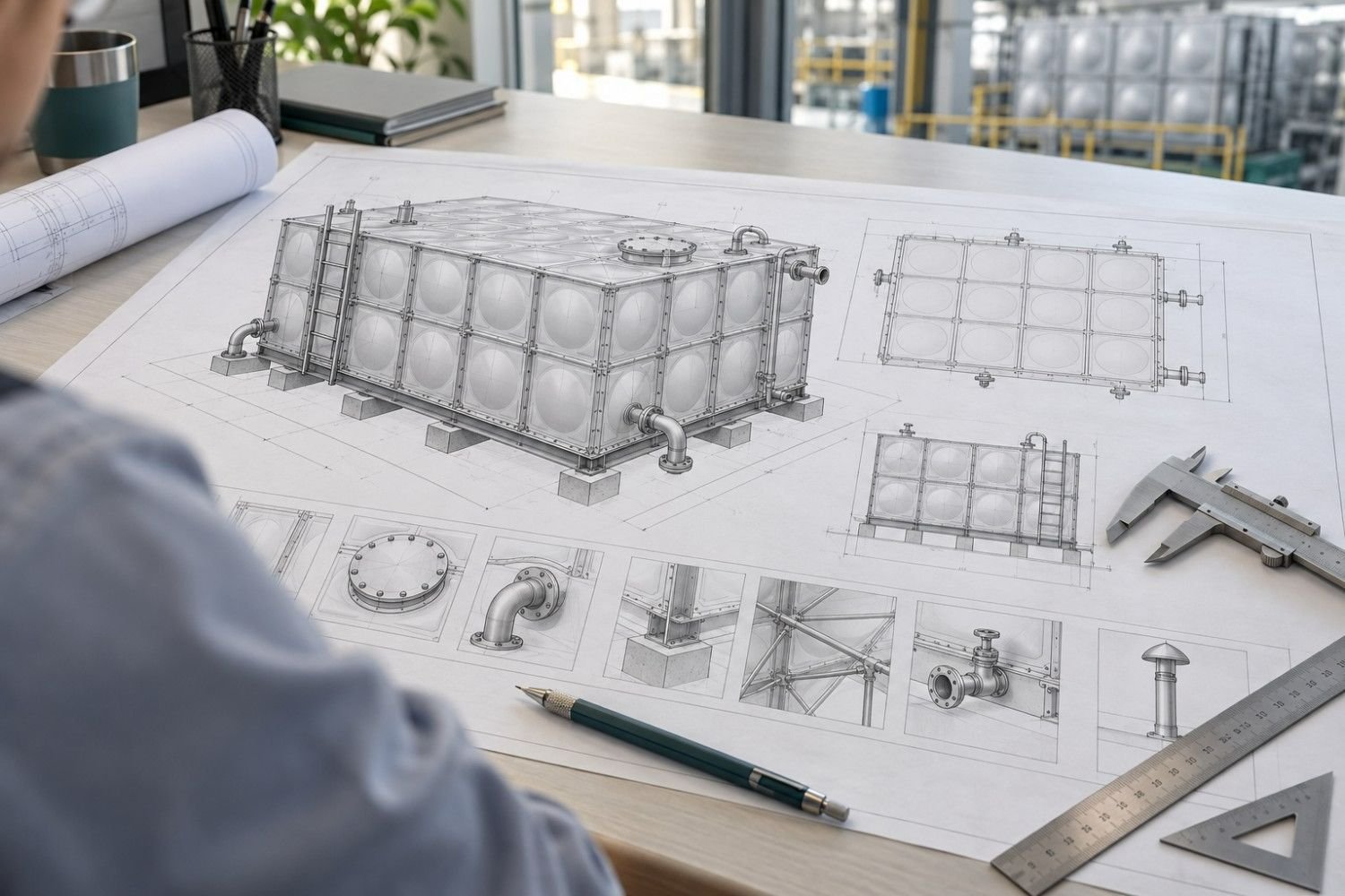 Engineering layout drawing of a sectional water tank showing the panel grid and connections