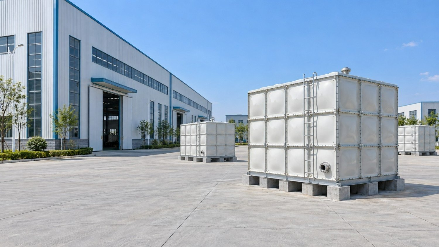 Finished sectional tank outside the LVJIA factory in Dezhou, one of the builds behind these water tank case studies