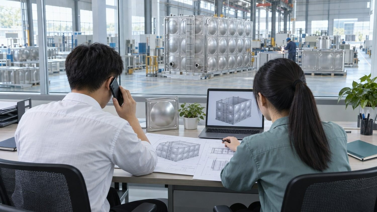 LVJIA engineers giving water tank technical support from the office overlooking the workshop