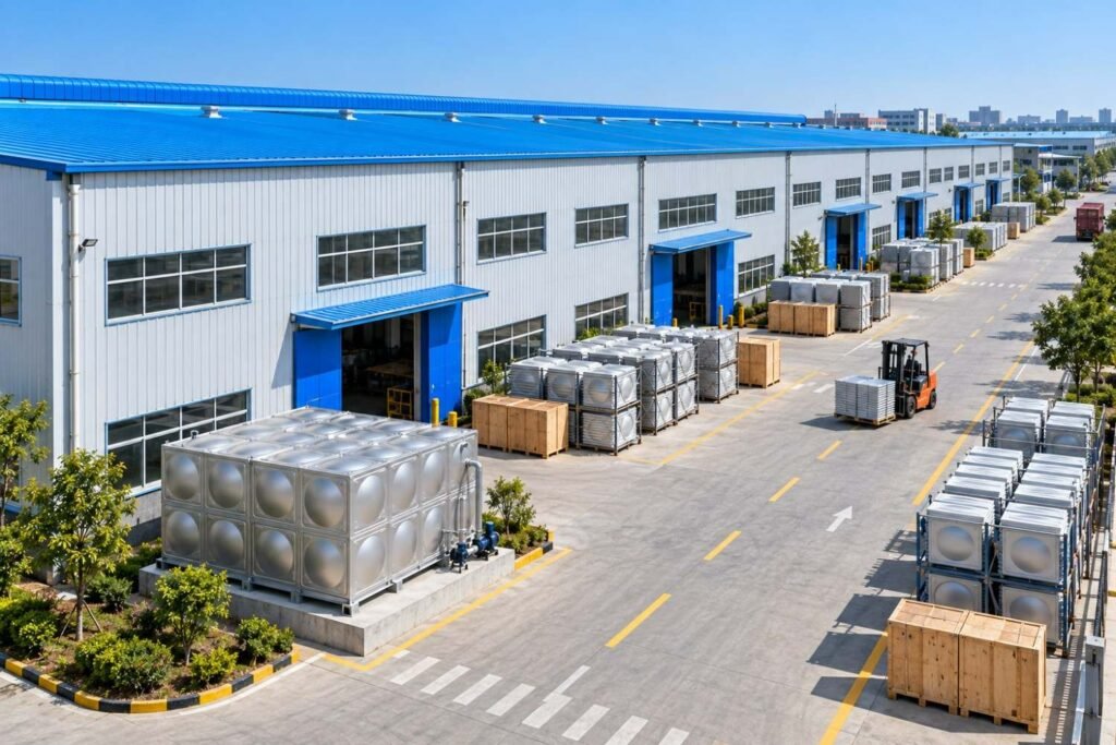 Water tank factory yard with sectional tanks, shipping crates and a forklift