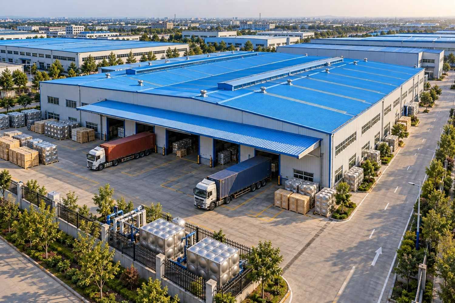 Trucks loading crated water tank panels in the LVJIA dispatch yard in Dezhou