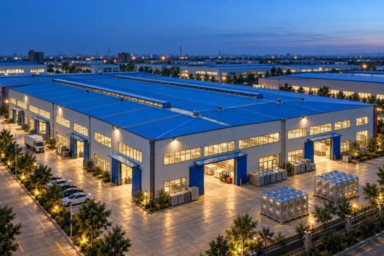 Illuminated water tank factory and assembled sectional tanks at dusk