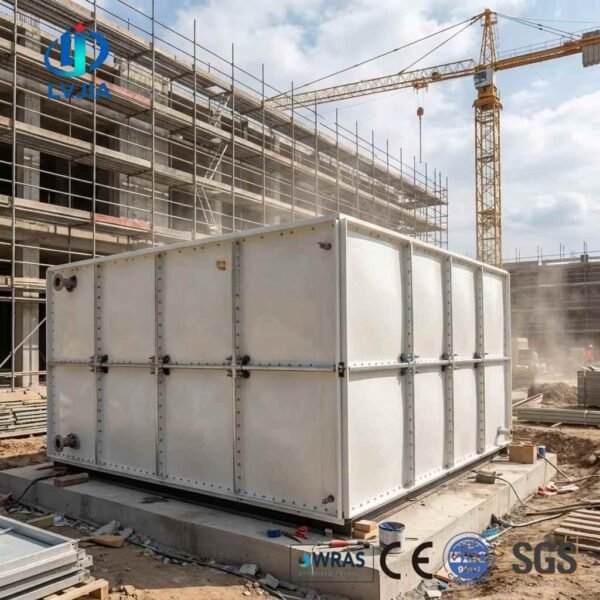 Portable GRP Water Tank for Construction — portable GRP water tank — sectional panels being assembled on site