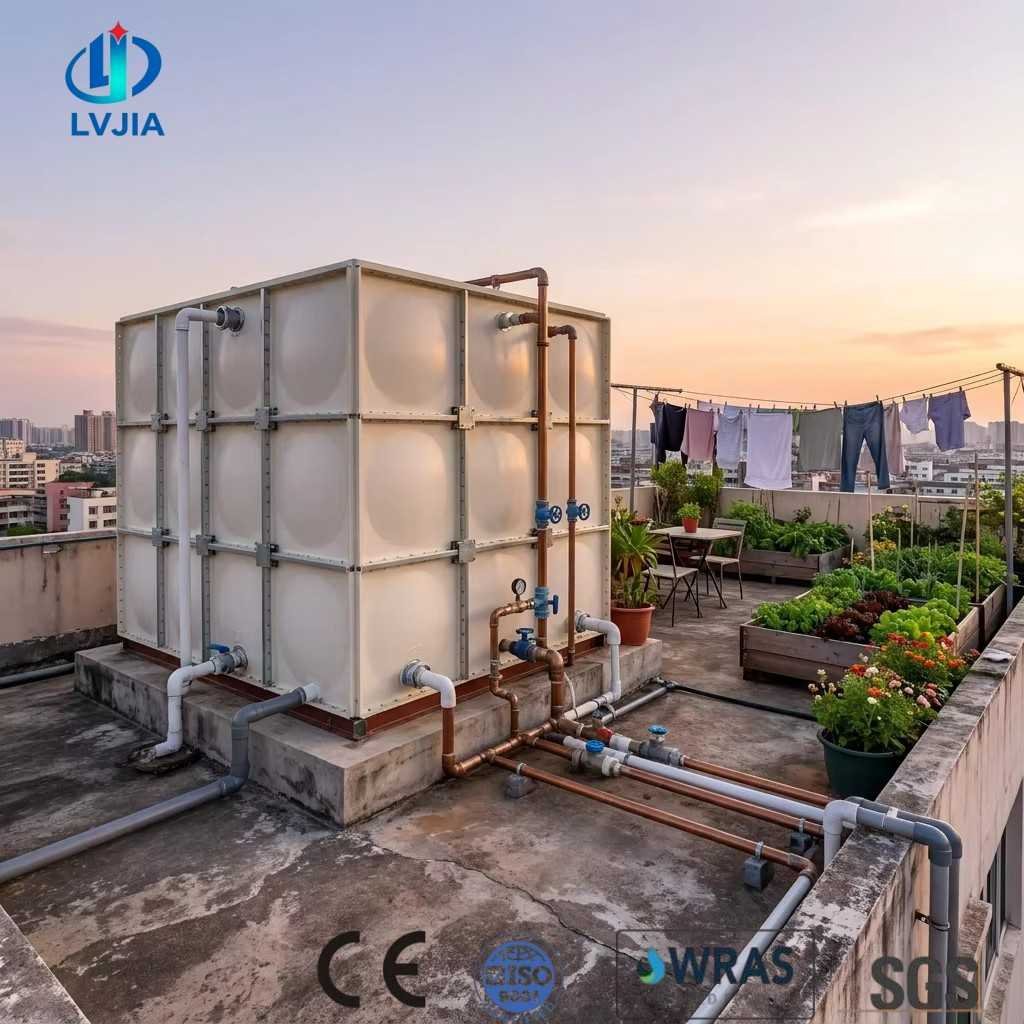 Modular GRP water tank panels showing the 1 m and half-metre module sizes