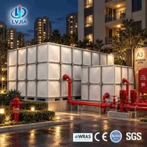 Horizontal GRP Water Tank, Low Profile — horizontal GRP water tank — access hatch, vent and pipework connections