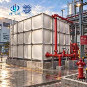 Horizontal GRP Water Tank, Low Profile — horizontal GRP water tank — sectional panels being assembled on site
