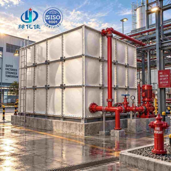 Horizontal GRP Water Tank, Low Profile — horizontal GRP water tank — sectional panels being assembled on site