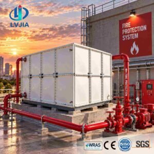 GRP Potable Water Tank, Food Grade — GRP potable water tank — sectional panels being assembled on site