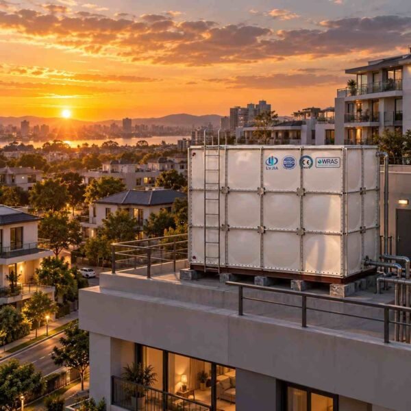 GRP Cooling Water Tank, Industrial — GRP cooling water tank — sectional panels being assembled on site