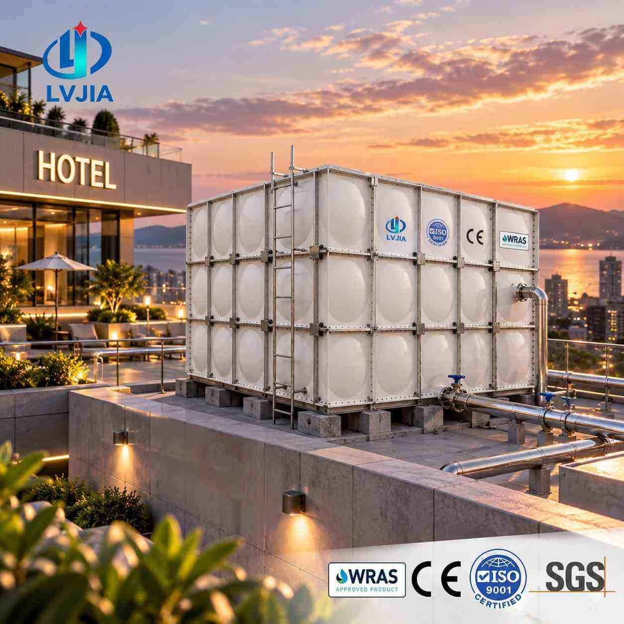 GRP rainwater storage tank on a hotel roof
