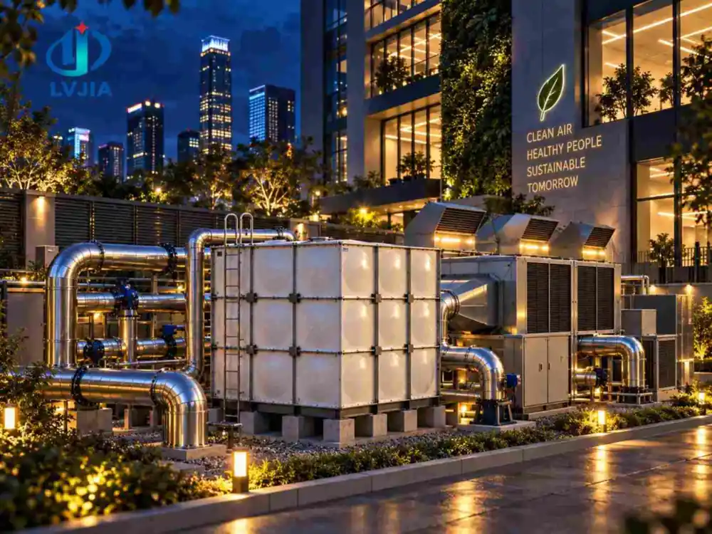 Insulated SMC rainwater tank on a rooftop plant deck at night