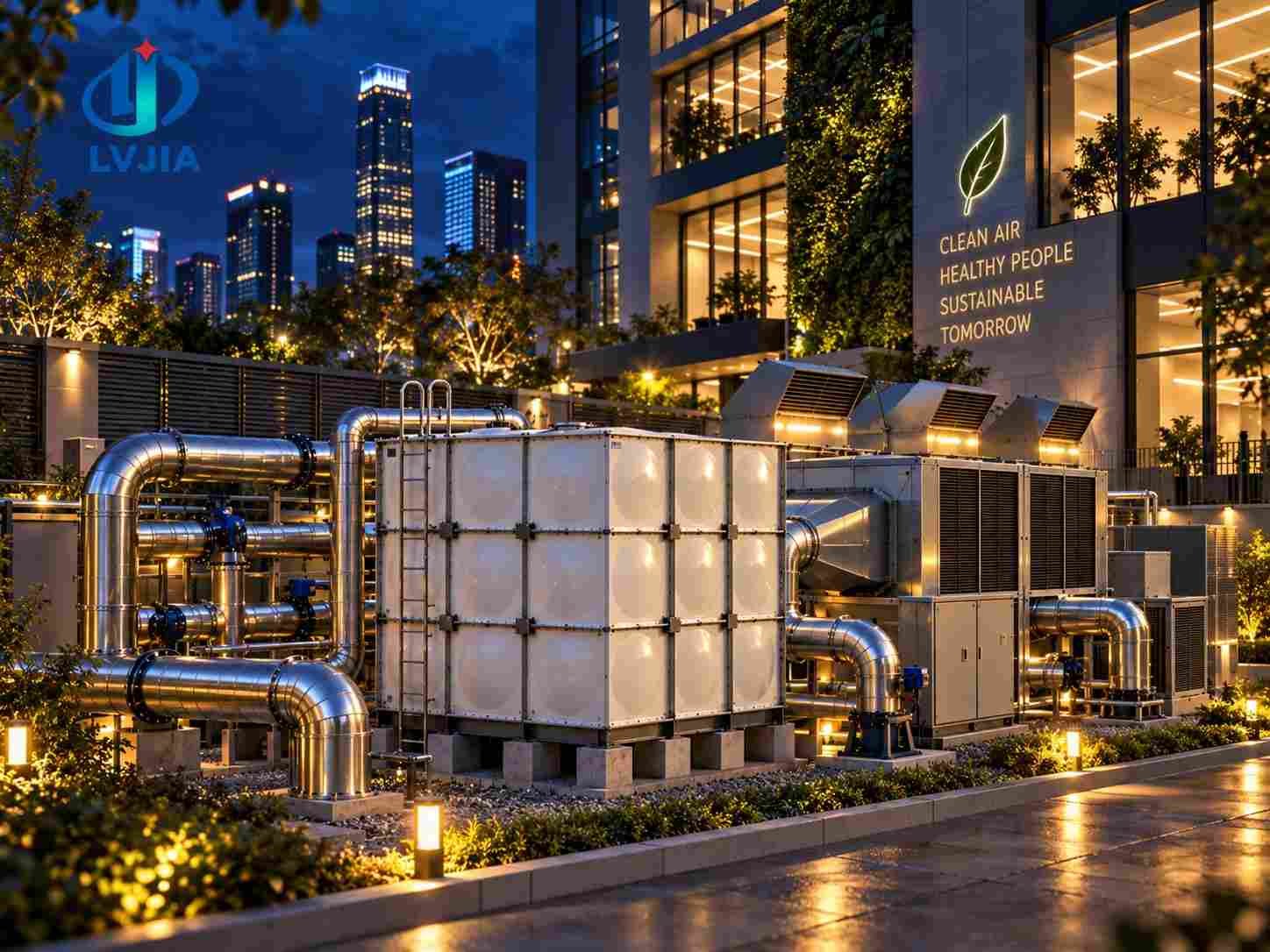 Insulated GRP water tank on a residential rooftop at night