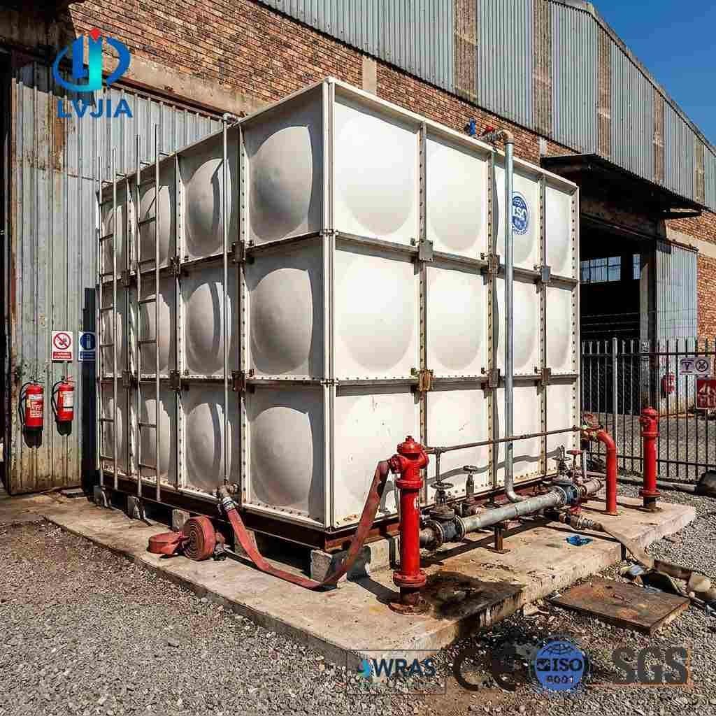 Rooftop GRP water tank assembled on a building roof slab