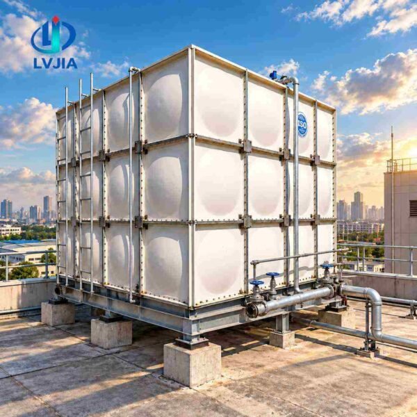 Rooftop GRP Water Tank, Bolted — rooftop GRP water tank — sectional panels being assembled on site