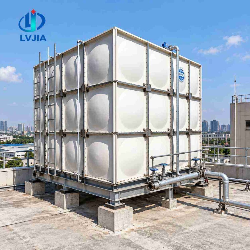 Rooftop GRP Water Tank, Bolted — rooftop GRP water tank — completed installation ready for commissioning