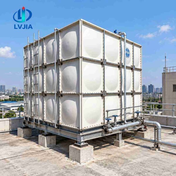 Rooftop GRP Water Tank, Bolted — rooftop GRP water tank — completed installation ready for commissioning