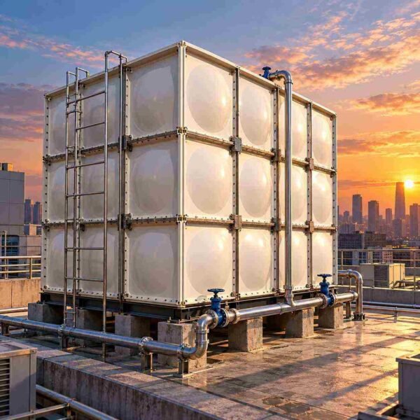 Rooftop GRP Water Tank, Bolted — rooftop GRP water tank — inside the assembled tank before filling