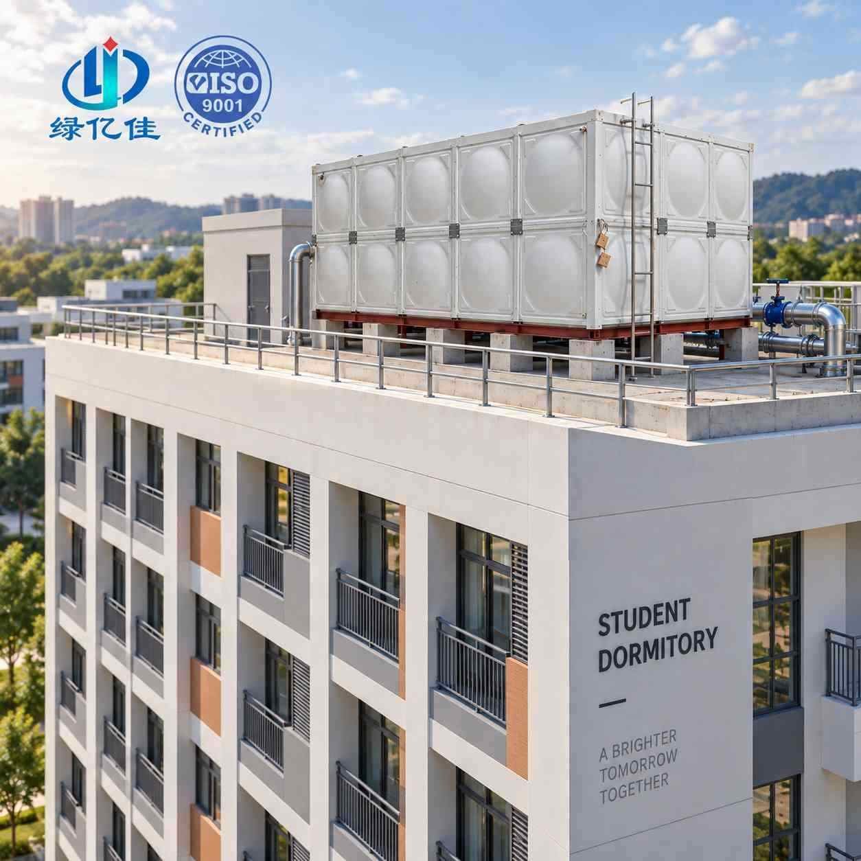 GRP water tank on the roof of a student dormitory