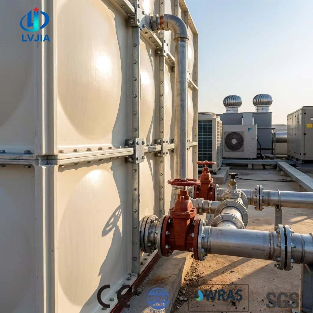 GRP water tank with pipework and valves on an industrial rooftop
