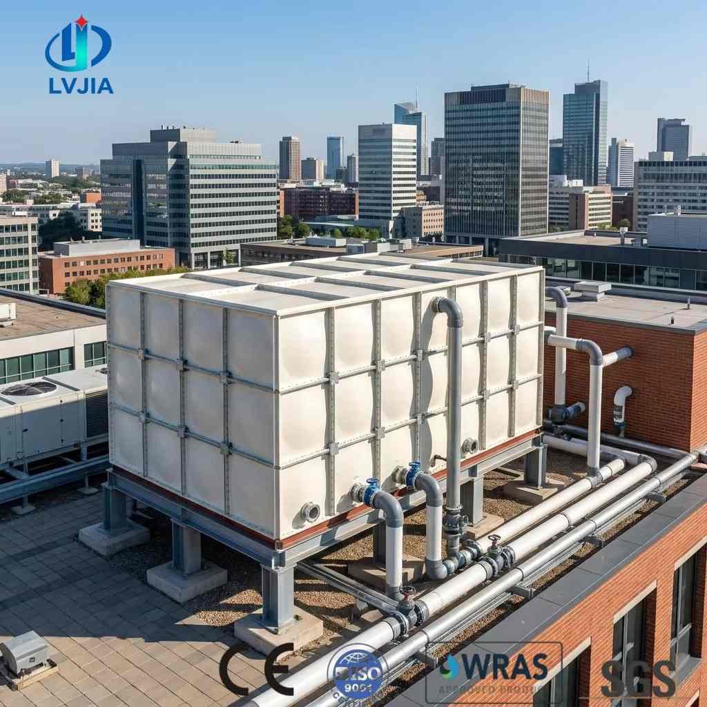 Heavy-duty GRP water tank on a city rooftop