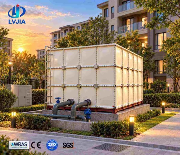 GRP Wastewater Tank, 180 m&sup3; — GRP wastewater tank — sectional panels being assembled on site