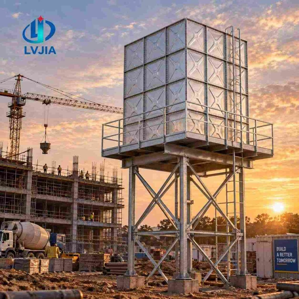 Galvanized water tower tank on an elevated steel stand