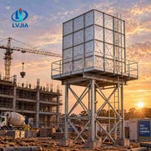 Galvanized Water Tower Tank, Elevated — galvanized water tower tank — installed on site before backfill