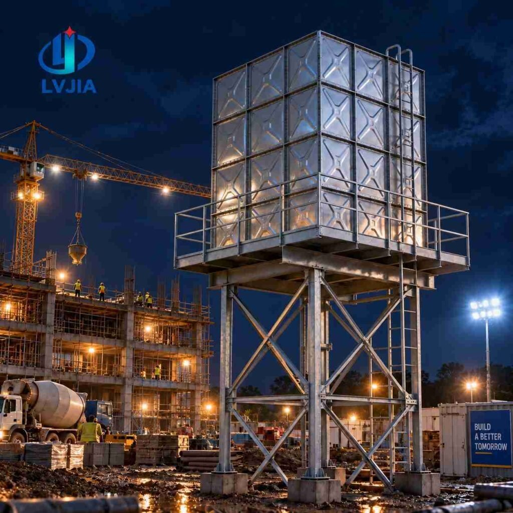 Galvanized water tower tank supplying a village network by gravity
