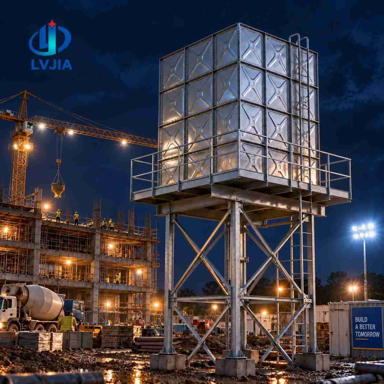 Elevated galvanized water tank on a steel tower lit at dusk